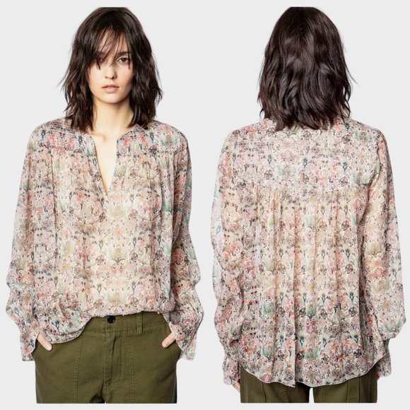 Zadig & Voltaire Tops - Zadig & Voltaire Taya Mousseline Mini Kaleido Floral Beaded Tunic Blouse Size S